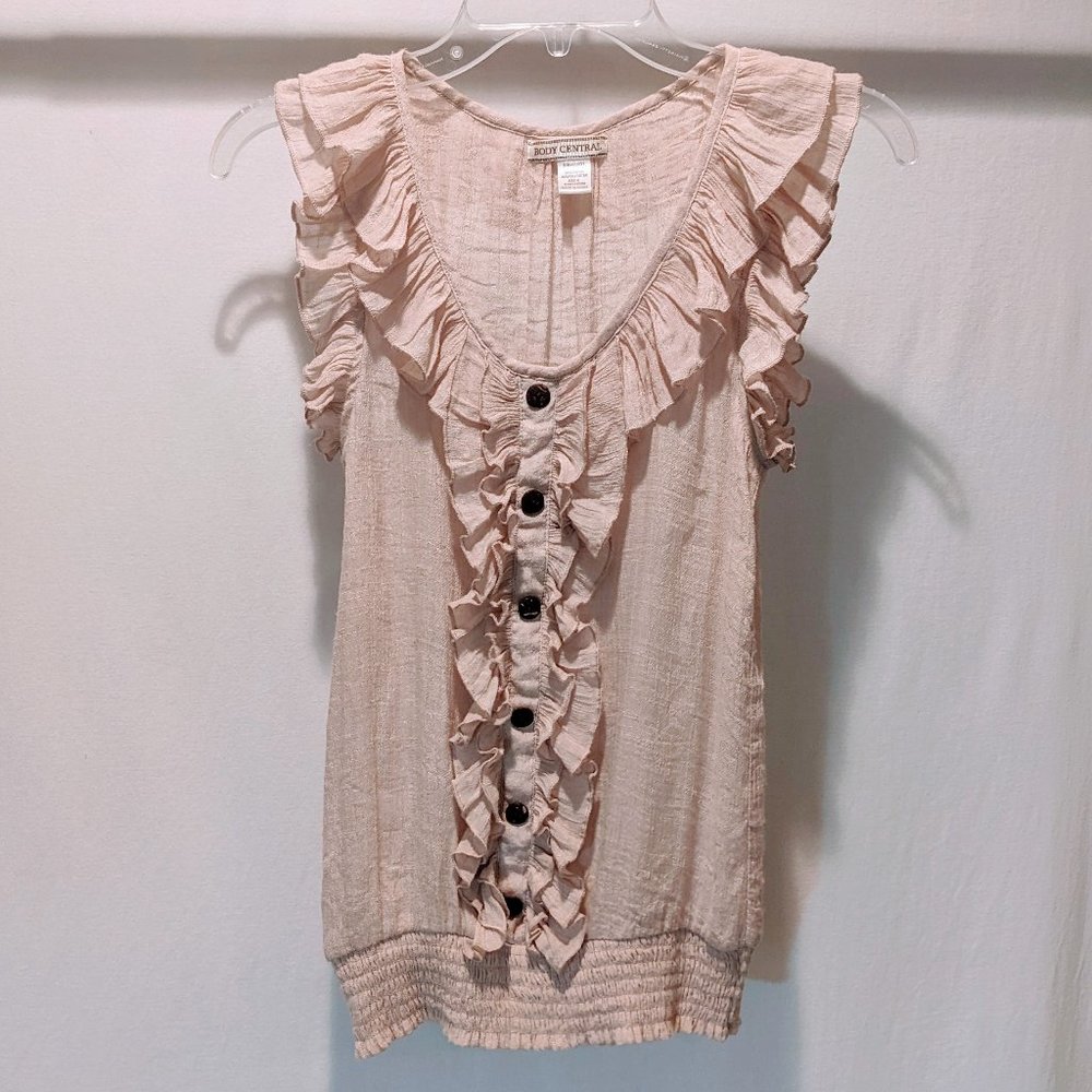 Body Central Sheer Tan Ruffled Shirt Sz SM